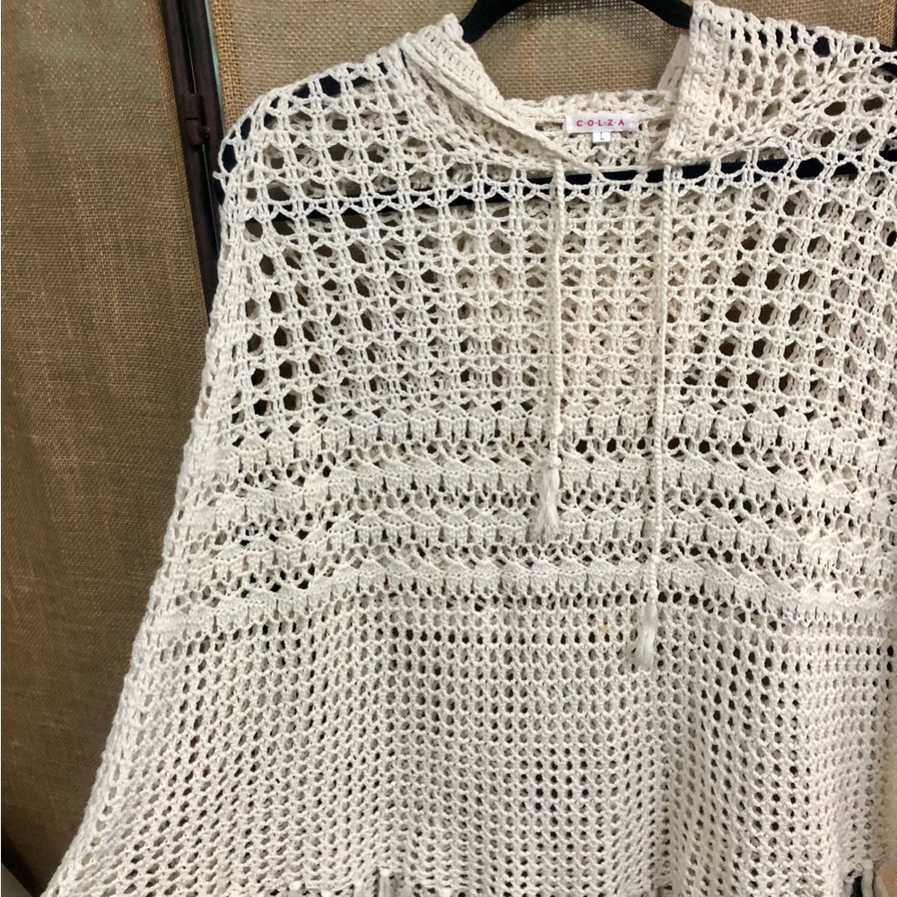 Ecru Crochet Hoodie Poncho by Colza Size M with Fringe